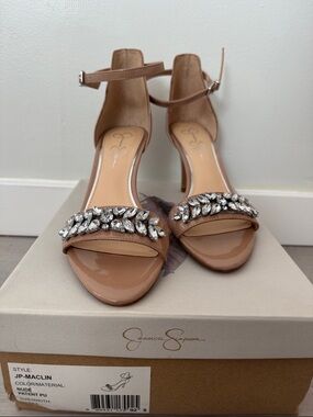 Jessica Simpson Maclin Nude Patent Ankle-Strap Heels with Crystal Embellishment